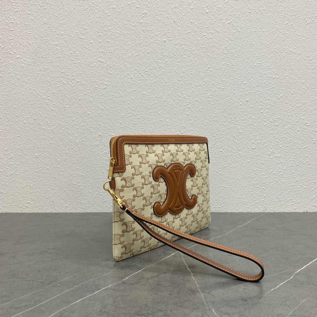 Small pouch with strap 24cm beige textile tan calfskin