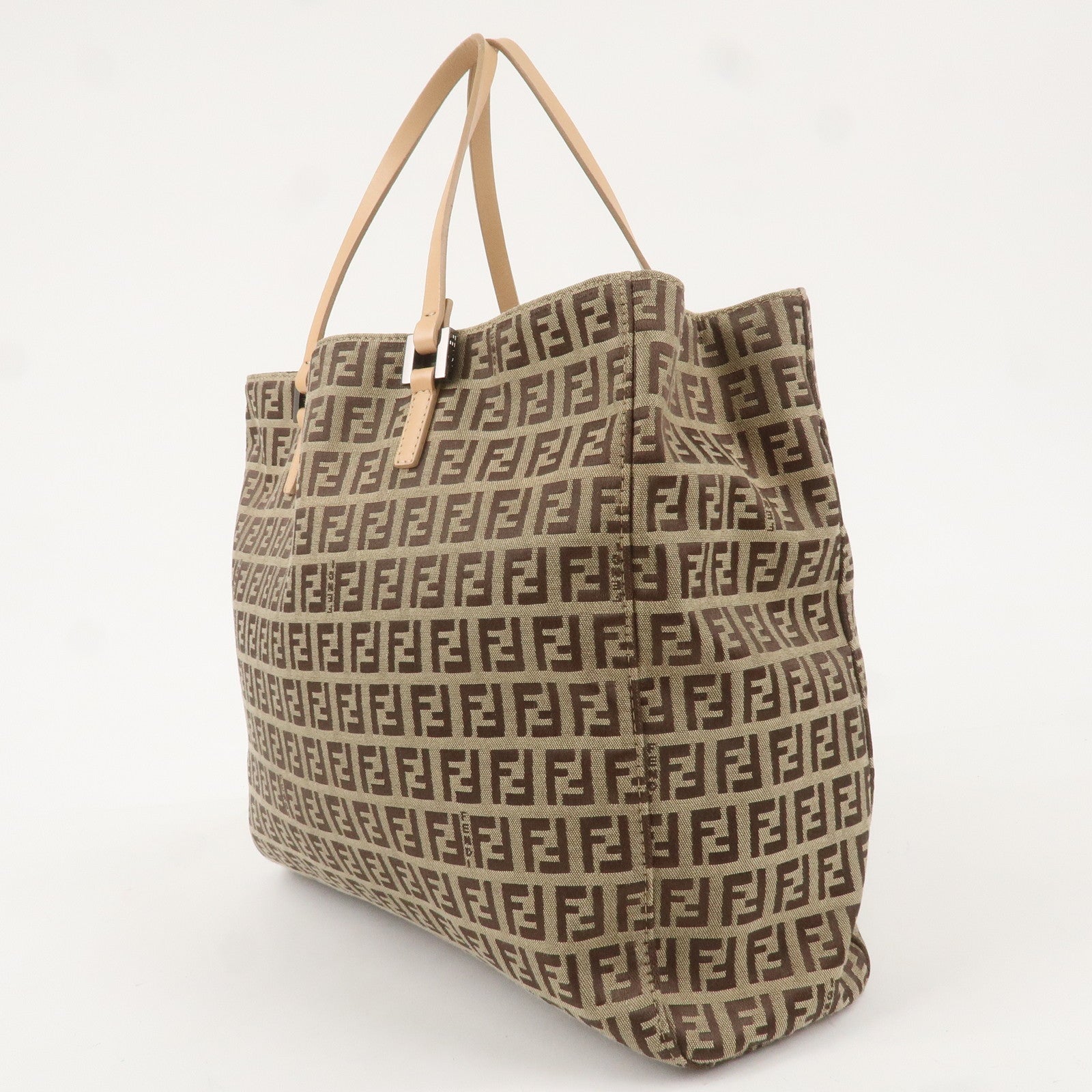FENDI Zucchino Canvas Leather Tote Bag Beige Brown