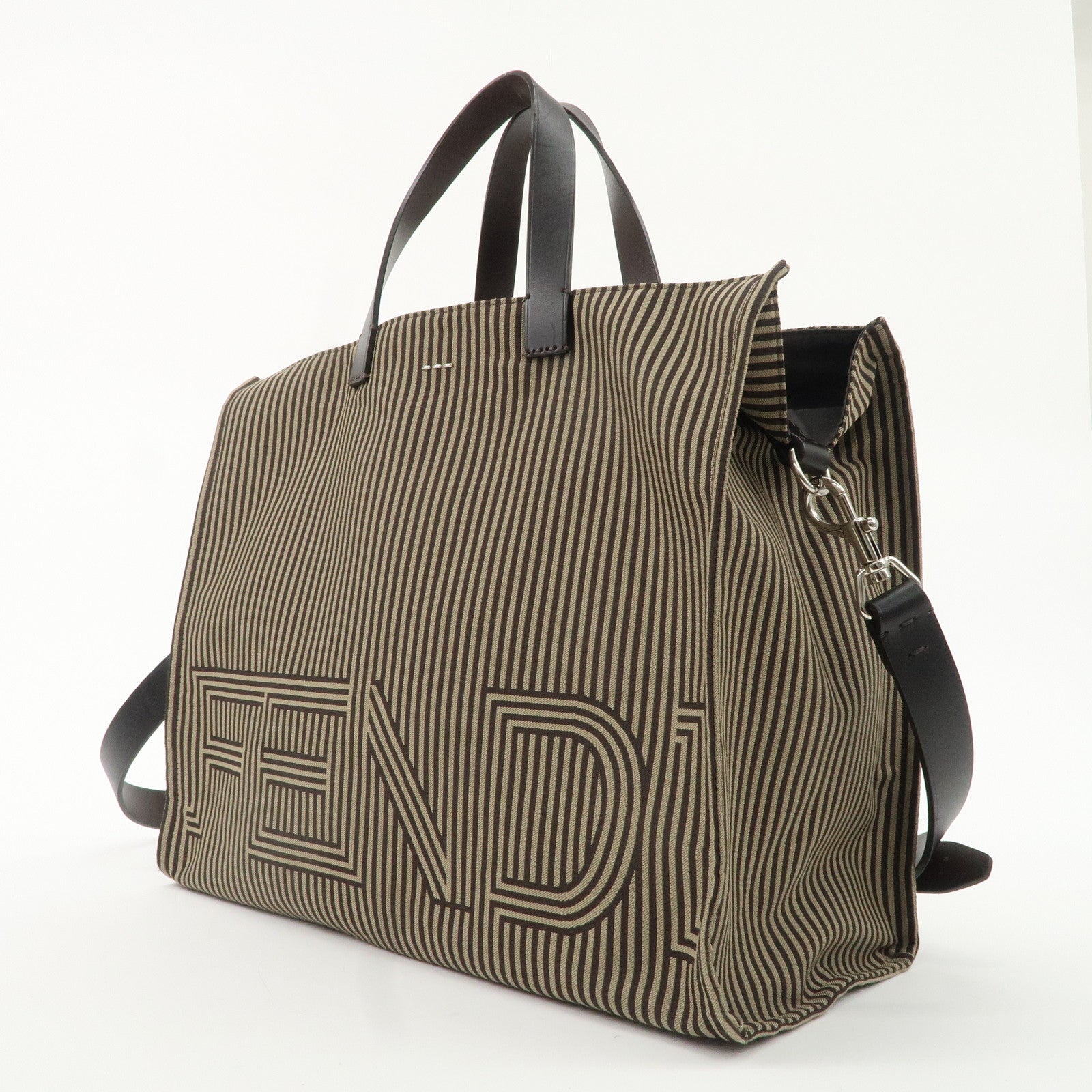Fendi Pequin Canvas Leather 2way Tote Shoulder Bag Brown