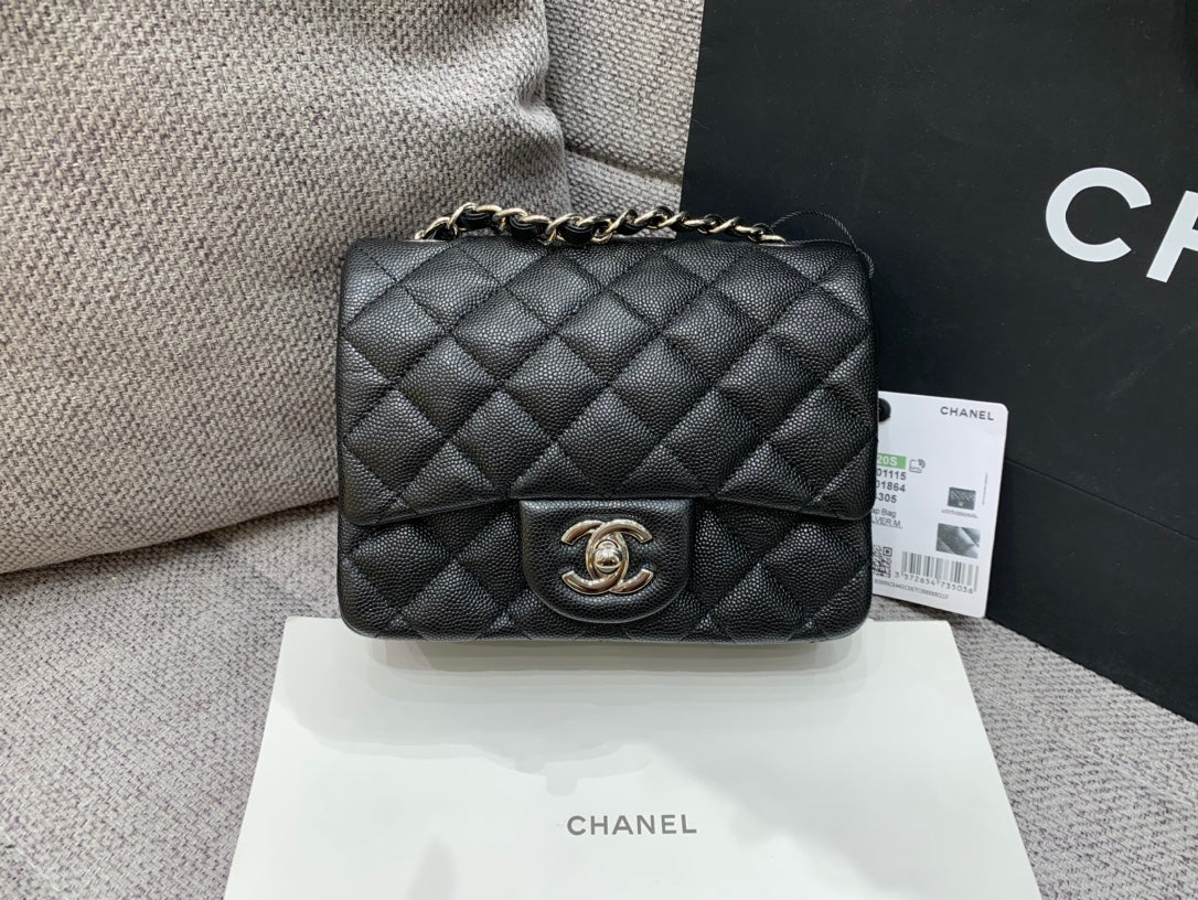 MINI Square FLAP BAG 17CM Black Caviar Silver Hardware