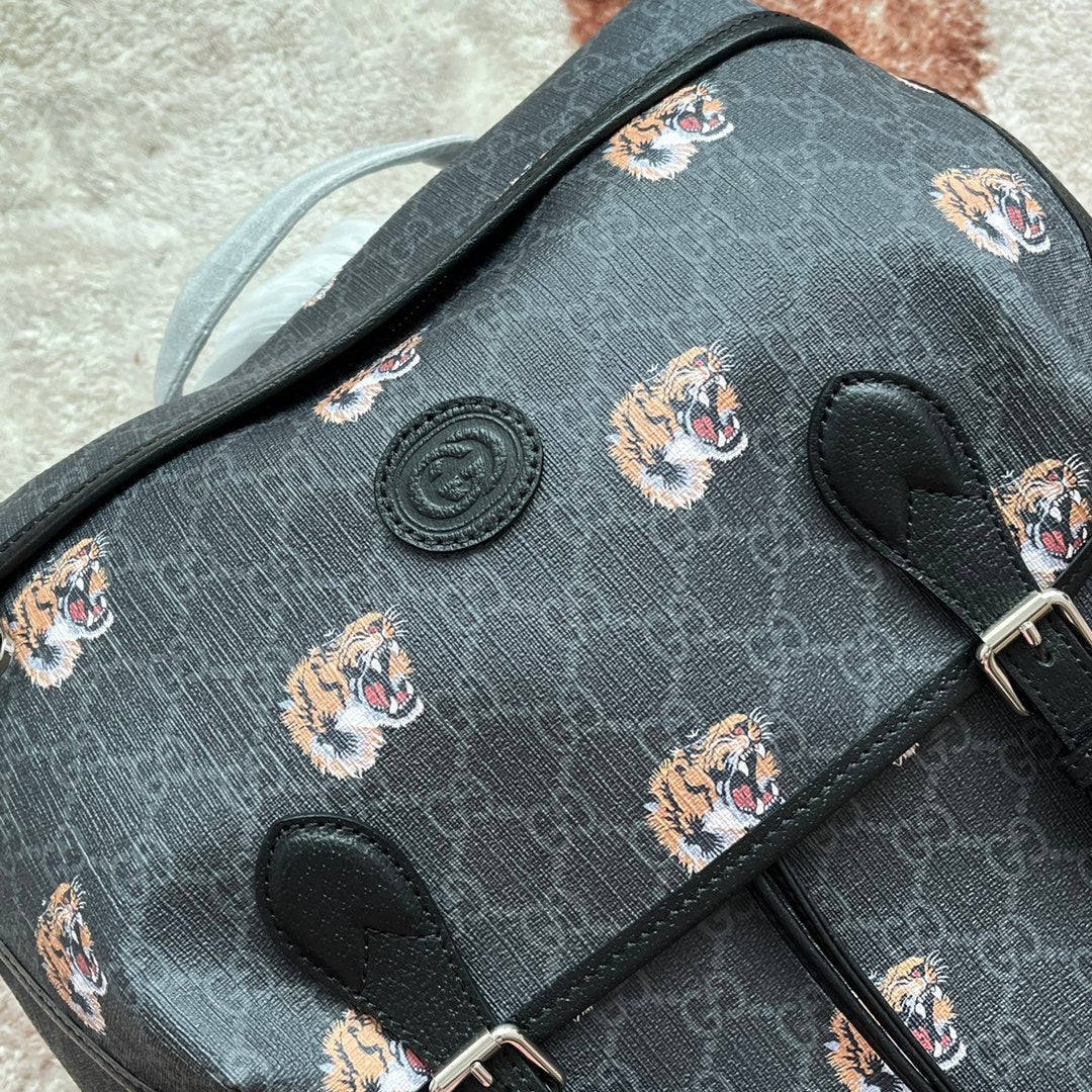 Tiger Print Medium Backpack 43 IN Black Canvas AND Leather TRIM