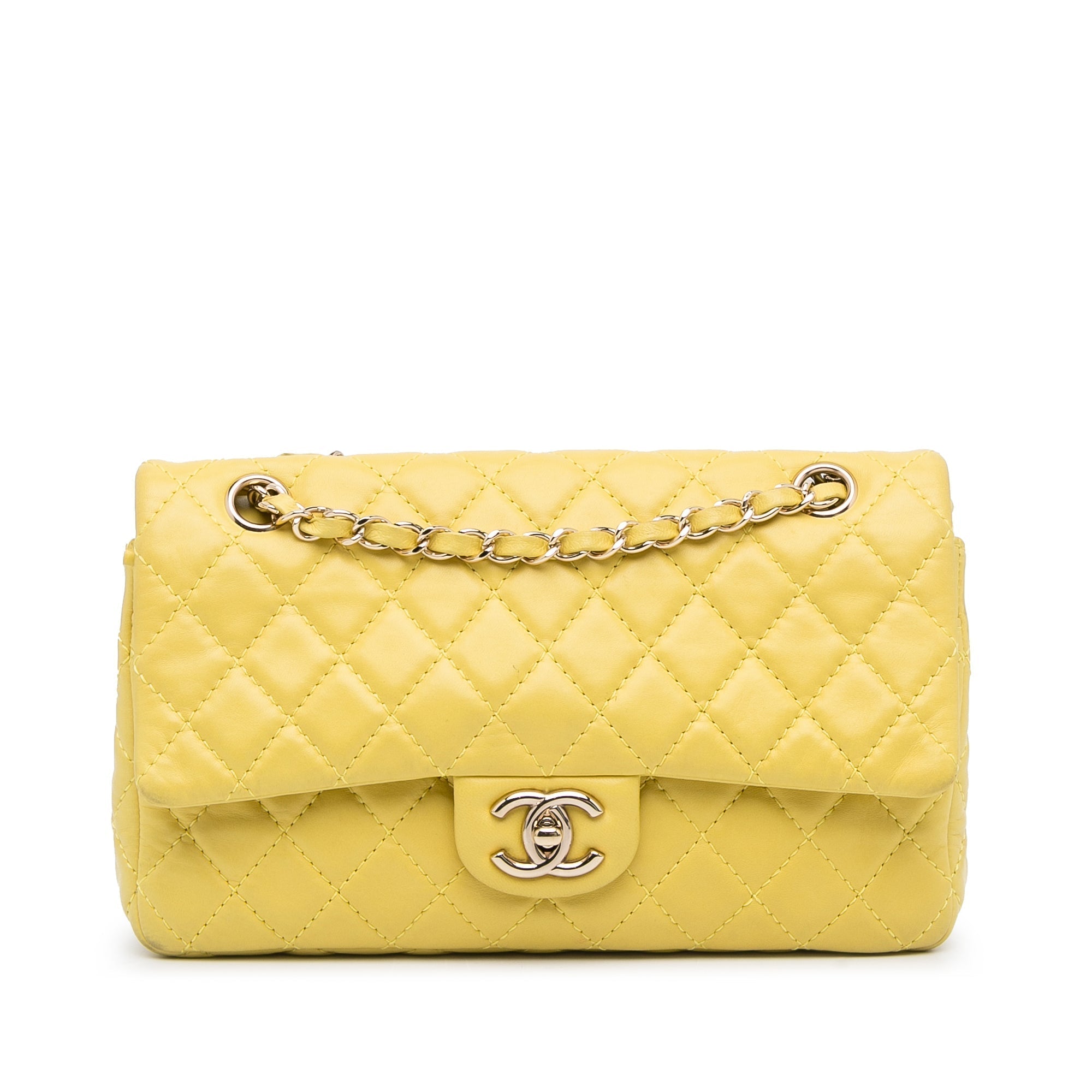 Yellow Chanel Medium Classic Double Stitch Calfskin Double Flap Sho…