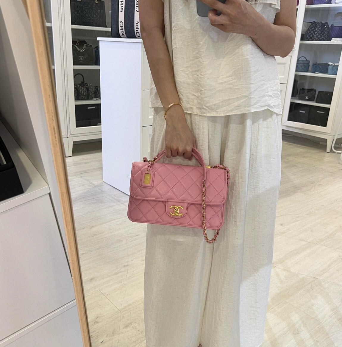 Chanel 22K Seasonal Flap With Top Handle In Pink Caviar And AGHW (m…