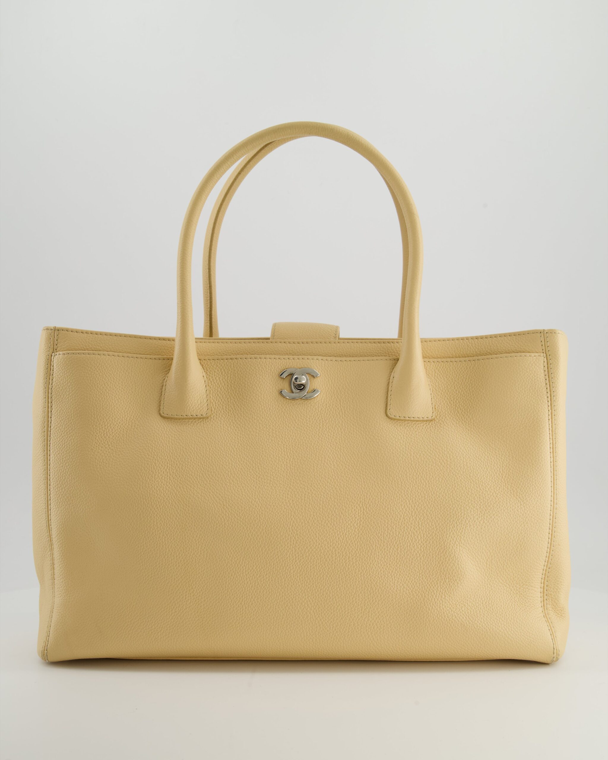 Chanel Beige Executive Tote Bag In Calfskin Leather With Silver Har